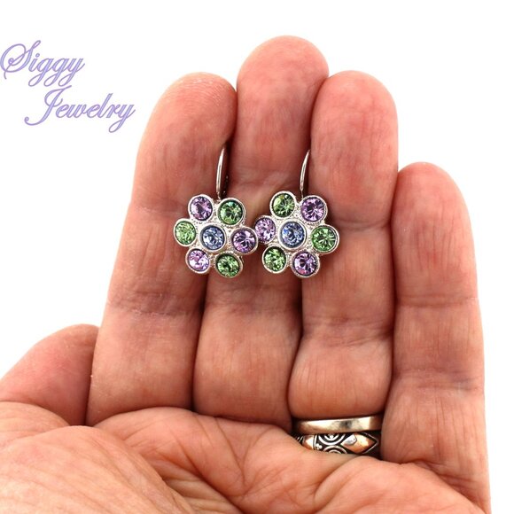 Light Sapphire, Violet and Peridot Flower Earrings made with Austrian Crystal - Picture 5 of 5